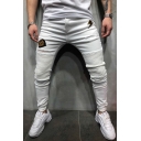 Men's Stylish Letter YEAH RIGHT Badge Patched Ripped Pleated Detail Skinny Fit White Jeans