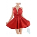 Girls Fashion Ruffled Hem Halter Neck Open Back Plain Mini A-Line Cami Dress for Sleepwear
