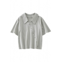Womens Summer Fancy Simple Plain Oblique Button Down Short Sleeve Crop Cotton Shirt Blouse