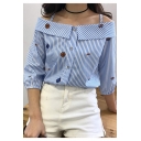 Girls Fashion Straps Boat Neck Button Front Blue Striped Blouse Shirt