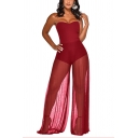 Womens Plain Sheer Mesh Patch Strapless Sleeveless Sexy Fitted Bustier Jumpsuits