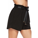Womens Fashion Simple Solid Color Tied Waist Wide-Leg Black Shorts