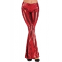 Fashion Womens Plain Metallic Color Fish Scale Pattern Elastic Waist Fitted Flared Pants