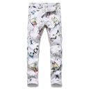 Guys New Fashion All-over Printed White Slim Fit Casual Jeans