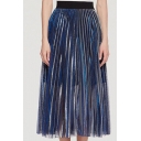 Summer Mesh Plain High Elastic Waist Pleated Midi Skirt for Women