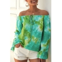 Summer Hot Stylish Off Shoulder Tie Dye Floral Print Tie-Front Ruffle Cuff Blouse