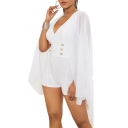 Trendy Womens Plain Plunge V Neck Flare Sleeve Double Button Front Sexy Rompers