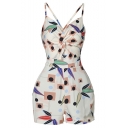 Summer New Trendy Polka Dot Leaf Printed Sleeveless Tie Back Knotted Front Apricot Fitted Rompers