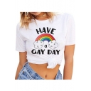 Funny Rainbow Letter HAVE A GAY DAY Print White Short Sleeve Tee