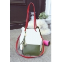 Women's Fashion Color Block PU Leather Tassel Embellishment Bucket Bag 27*24*16 CM
