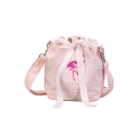 Popular Fashion Flamingo Embroidery Pattern Bow Drawstring Canvas Crossbody Bucket Bag 17*12*23 CM
