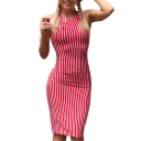 Summer Hot Fashion Halter Neck Open Back Vertical Stripe Print Midi Bodycon Dress