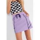Girls Summer Fancy Purple Contrast Piping Drawstring Waist Mini Sport A-Line Linen Skirt