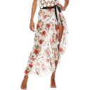 Summer Sweet White Floral Printed Ruffled Hem Maxi Beach Wrap Skirt