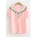 Funny Cute Bow-Tied Painting Round Neck Short Sleeve Casual Tee
