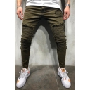 Men's Cool Fashion Solid Color Pleated Design Army Green Frayed Biker Jeans