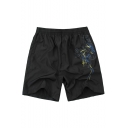 Men's Summer Stylish Printed Elastic Waist Zipped Pocket Black Casual Beach Shorts Relaxed Sports Shorts