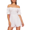 Women's Sexy Off Shoulder White Cotton Short Sleeve Graceful Fitted Romper