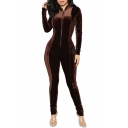 Womens Fashion Zip-Front Long Sleeve Velvet Skinny Fitted Jumpsuits