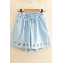 Girls Cute Cartoon Fruit Embroidery Tied Elastic Waist Blue Loose Denim Shorts