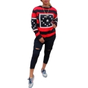 Fashion Star Striped Printed Round Neck Long Sleeve Red Pullover Sweatshirt