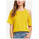 Ginger Yellow Sexy Cold Shoulder Short Sleeve Beading Embellished Relaxed T-Shirt
