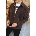 Mens Fashion Lapel Collar Simple Letter Embroidery Button Down Corduroy Workwear Jacket