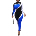 New Stylish Womens Long Sleeve Colorblock Skinny Fitted Classic Playsuit Jumpsuits