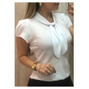 Womens Chic Simple Plain Tied Collar Short Sleeve Casual Chiffon Blouse Top