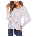 Trendy Vertical Striped Print Round Neck Puff Long Sleeve Bow-Tied Front Blouse for Women