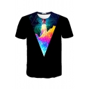 Cool Unique Galaxy Triangle Printed Round Neck Short Sleeve Black T-Shirt