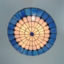 Living Room Grid Round Flush Light Art Glass 4 Lights Tiffany Style Blue Ceiling Mount Light
