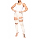 New Stylish Beige Distressed Ripped Hole High Rise Skinny Fit Jeans