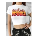 Cool Unique Fire Letter DOUBLE Printed Crewneck Short Sleeve White Cropped T-Shirt
