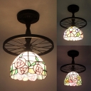 Tiffany Rustic Blossom Ceiling Lamp with Wheel Stained Glass 1 Head Black Semi Flushmount Light for Kitchen