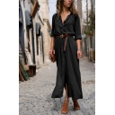 Womens Chic Fashion Plain Long Sleeve Split Side Button Down Maxi Shirt Dress with Belt