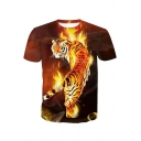 Hot Fashion 3D Fire Tiger Printed Round Neck Short Sleeve Casual Tee