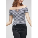 Summer Simple Sexy Lace-Up Front Off the Shoulder Short Sleeve Striped Fitted Tee