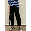 Men's Simple Fashion Solid Color Flap Pocket Side Ribbon Embellished Drawstring Cuffs Casual Cargo Pants
