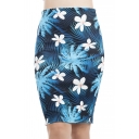 Womens Chic Fashion Floral Print Split Back Midi Blue Pencil Skirt