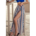 Summer Womens Trendy Geometric Printed Split Front Maxi Elasticated-waist Beach Skirt