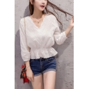 Womens Fashion White V-Neck Long Sleeve Hollow Out Blouse Top