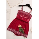 Stylish Folk Style Straps Sleeveless Tribal Print Embroidered Wide Leg High Waist Casual Loose Romper for Women