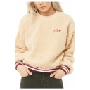 Womens Simple Letter CIAO Embroidery Striped Hem Round Neck Long Sleeve Apricot Fluffy Fleece Sweatshirt