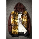 Mens Fashion Tiger Print Long Sleeve Zip Up Brown Hooded Coat Jacket