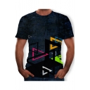 Summer Creative Geometric Triangle Print Round Neck Short Sleeve Navy T-Shirt