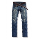 Guys Fashion Vintage Washed Regular Fit Destroyed Ripped Jeans in Blue