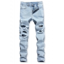 Men's New Fashion Simple Plain Light Blue Cool Distressed Ripped Jeans with Holes