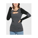 Womens Fashion Black Striped Patched Hollow Out Front Round Neck Long Sleeve T-Shirt
