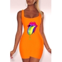 Fashion Summer Chic Sleeveless Scoop Neck Multicolor Mouth Printed Fitted Playsuit Rompers